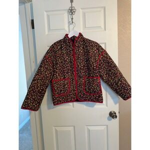 Floral Quilted Puffer Jacket Red Berry Print Lightweight, eye/hook closure Small